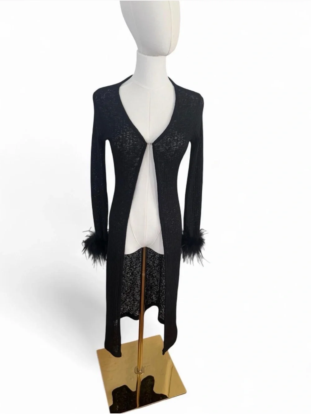 Black Feather Cuff Longline Women's Cardigan